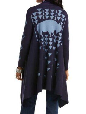 Ariat Roaming Cardigan Women Navy Blue Southwestern Bison Prairie Open‎ Front M